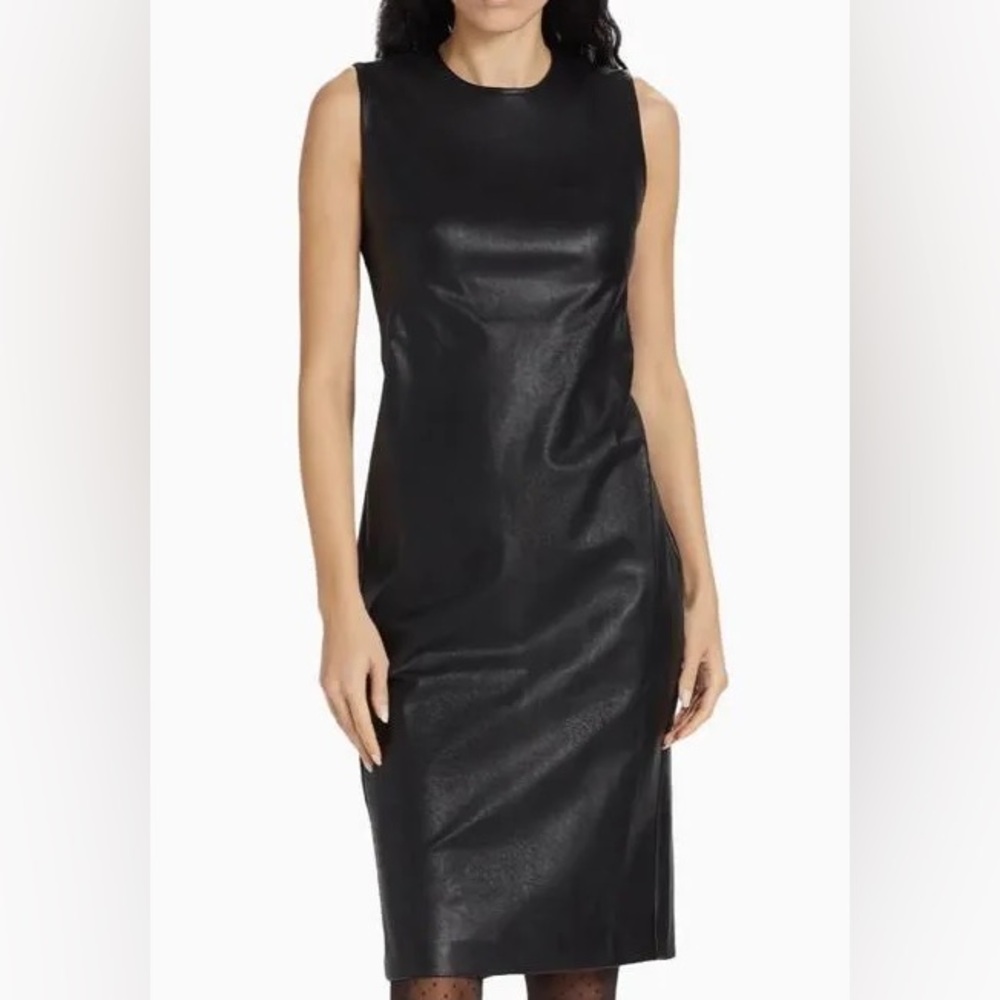SPANX Faux Leather Black Sheath Midi Dress Sz Med